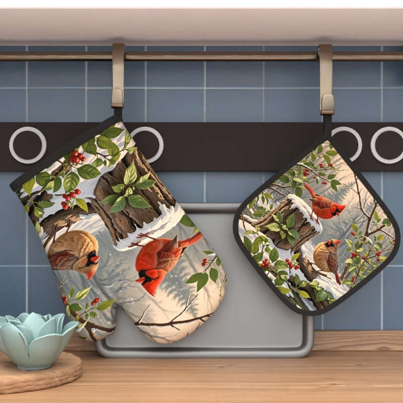 2pcs Set Cardinal Red Berries Green Leaves Oven Mitts and Pot Holders Heat Resistant Machi