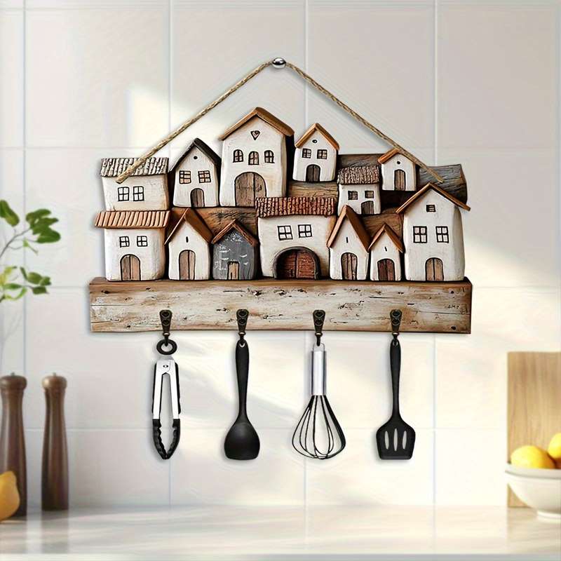 2D Flat 1 Charming Country Scene Key HangerColorful Wooden Wall Hanger with 4 Metal Hooks Perfe
