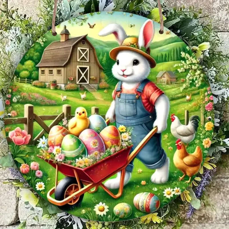 1pc Easter Bunny Delivery Theme Round Wooden Sign 2D Flat Printed Wall Hanging Plaque for Home Kitch