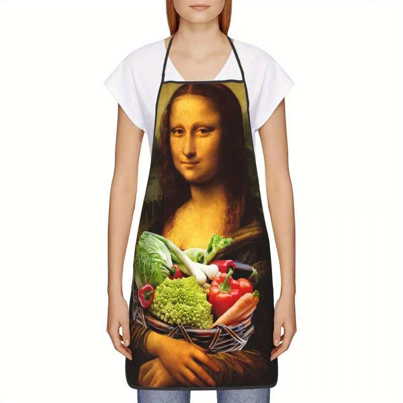 1pc Funny Mona Lisa Loves Vegetables Apron Humorous Artistic Design 100% Polyester Bib Apron