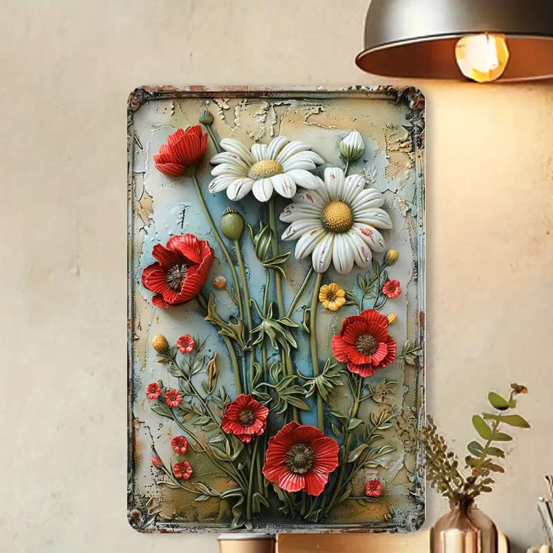 1pc Vintage Floral Iron Wall Art 29.97x19.81cm Retro Daisy Metal Plaque with 3D Embossed Design Rust