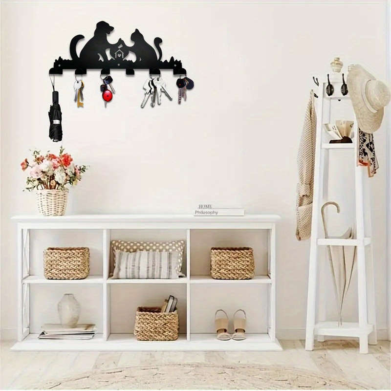 1pc Whimsical Cat  Dog Metal Wall Hook RackContemporary Black Silhouette Design with 6 Hooks for