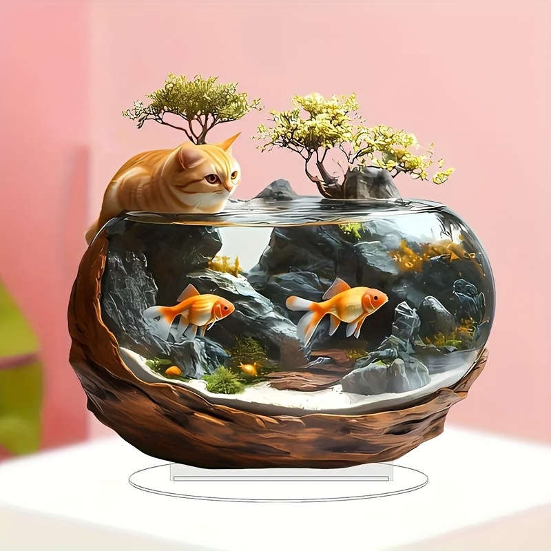 1pc 2D Flat   Plane Vintage Style  Acrylic Greedy Cat Aquarium Tabletop Decoration Animal The