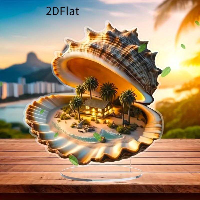 1pc 2D Flat  Acrylic Shell House with Palm Tree Accents Tropical Beach Theme Home Decor Coastal A