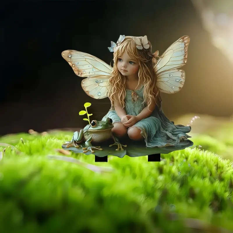 1pc Whimsical Bohemian Elf and Frog Garden Stake 2D Outdoor Decor with Blonde Fairy and Whimsical Fr