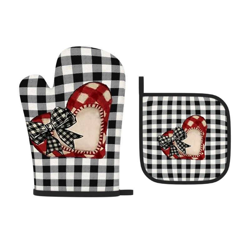 2pcs Valentine'S Day Romantic Plaid Love Oven Mitt Set 26.92x17.02 cm Heat Resistant Polyester