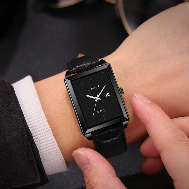 1pc Elegant Rectangular Quartz Watch for Men and Women with PU Leather Strap Date Display and Stylis