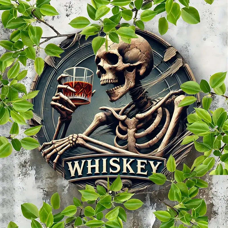 1pc Vintage Whiskey Skeleton Round Aluminum Sign Rustic Metal Wall Decor with Ornate Border Ideal fo