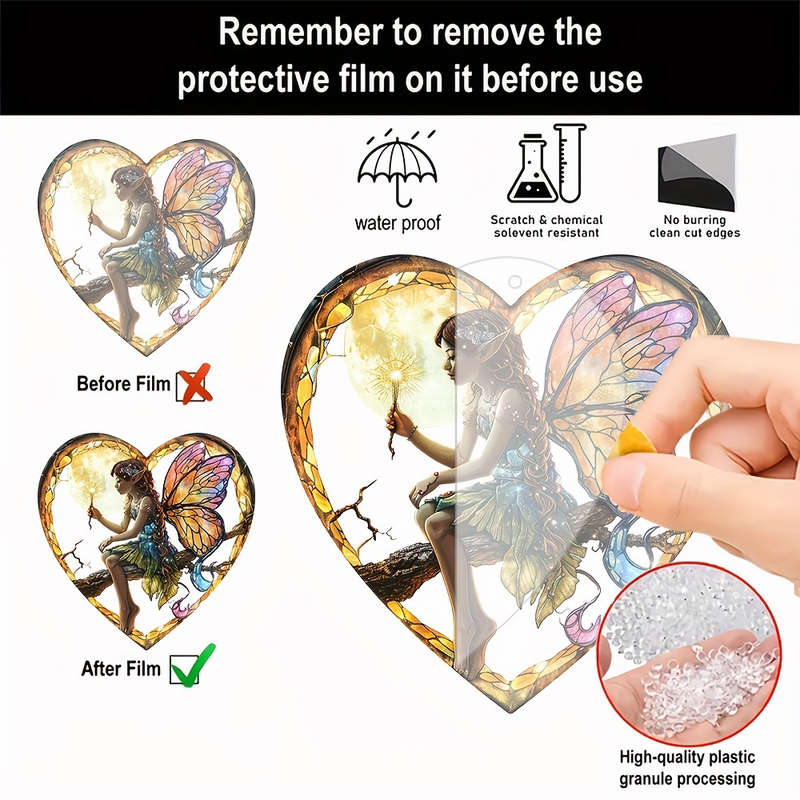 1pc 2D Flat  Bohemian  Charming Night Fairy Sun Catcher 20.32cm x 20.32cm Acrylic Heart-Sh