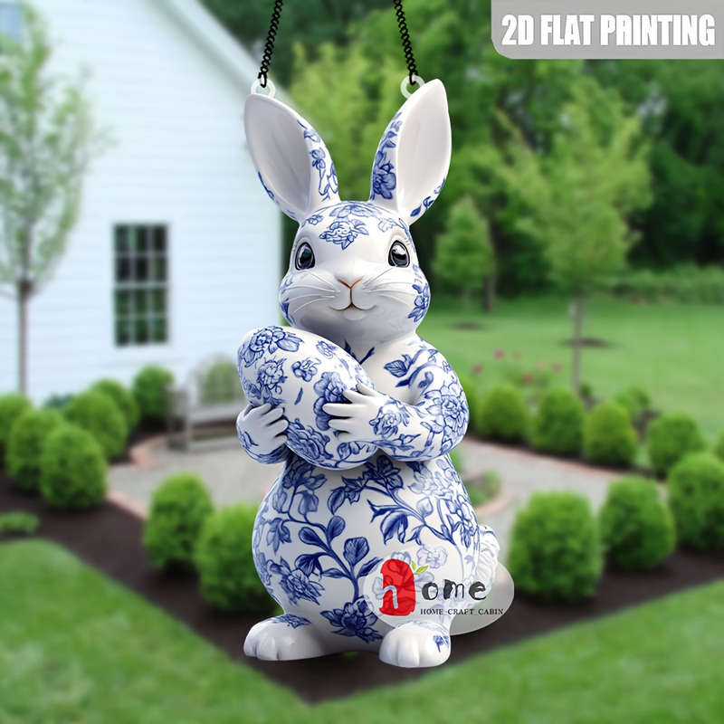 1pc 2D Flat   Blue and White Porcelain Rabbit Acrylic Pendant- Classic Style Decorativ Perfect