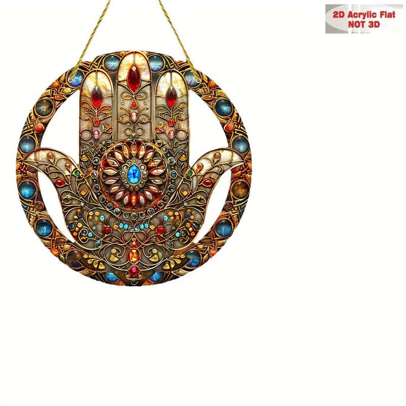 1pc 2D Flat  Bohemian Hamsa Hand Sun Catcher  Acrylic Window Hanging Decor with Colorful Staine