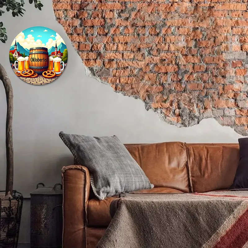 1pc 2D A Vintage Aluminum Sign Related to Oktoberfest Round Decorative Plaque Suitable for Home Offi