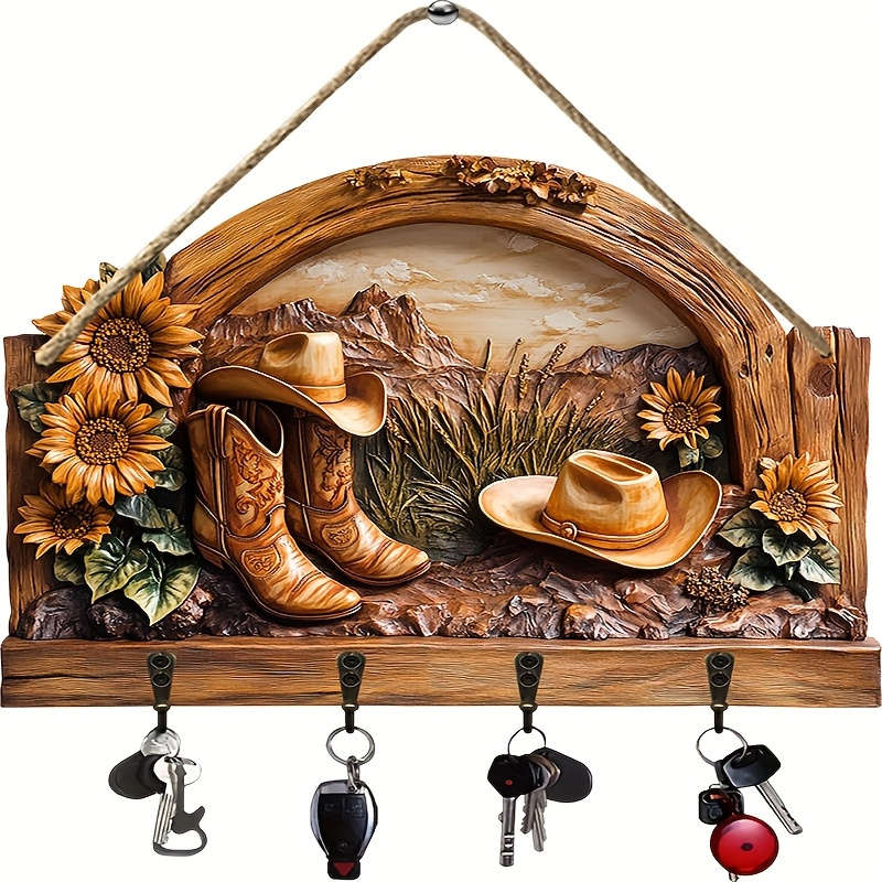 A Sunflower Cowboy Hat a Simple Colorful Wooden Key Hook with Four Metal Hooks (30.0cm X 24.99cm)