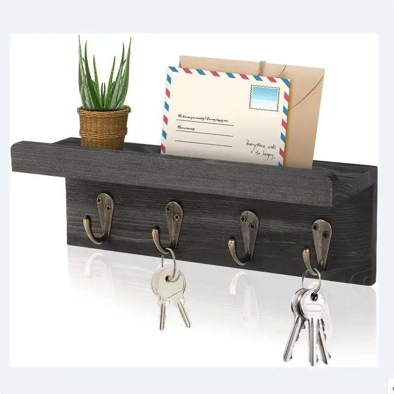 Rustic Farmhouse Wooden Key Holder with 4 HooksWall-Mounted Mail Organizer for Bedroom Kitchen