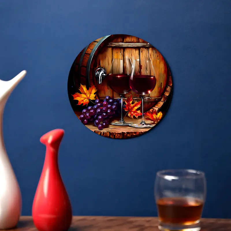 1pc Grapes and Red Wine Theme Decorative Painting Theme Round Aluminum Sign Wall Art Diameter 18.46c