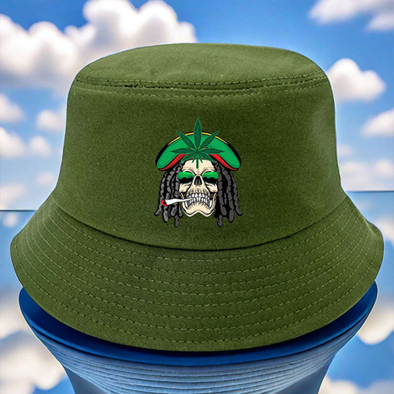 1pc Reggae Style Green Leaf Skull Print Bucket Hat Lightweight All-Season Fisherman Cap with T