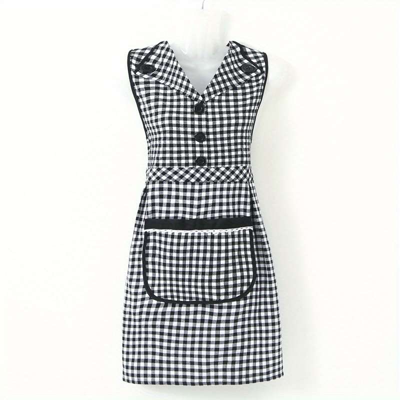 1pc Stylish Gingham Apron with Collar Red White or Black White Plaid Pattern Adjustable
