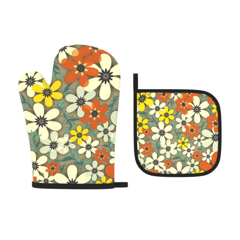 2pcs Floral Heat-Resistant Oven Mitts Potholders Watercolor White Yellow Red Flowers wit