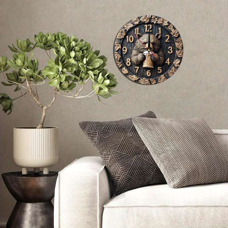 1pc Rustic Wooden Bear with Beer Wall Clock Silent Movement Round Farmhouse Decor Battery Op