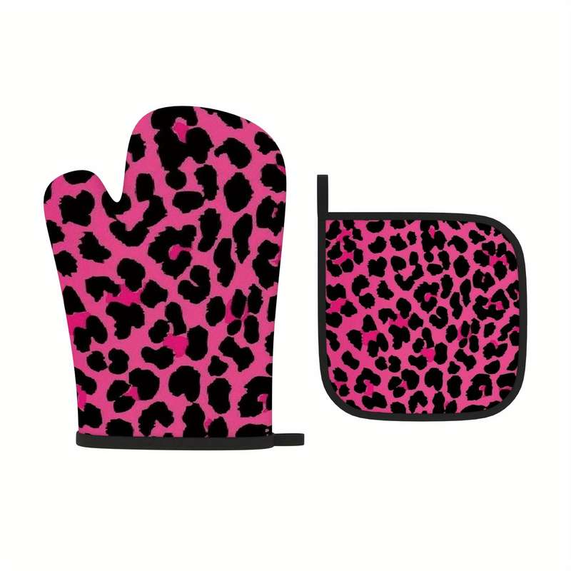 2pcs Pink Leopard Print Oven Mitts Heat Resistant Polyester Pot Holders with Black Paw Prints