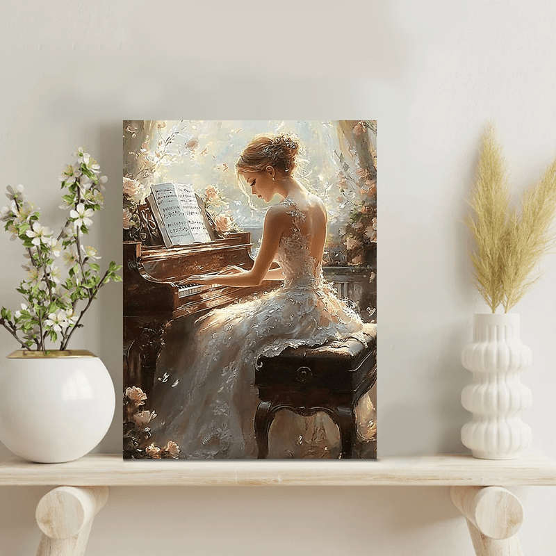 1pc  Elegant Piano-Playing Woman Wall Art Wooden Framed Canvas Print for Wedding Anniversary