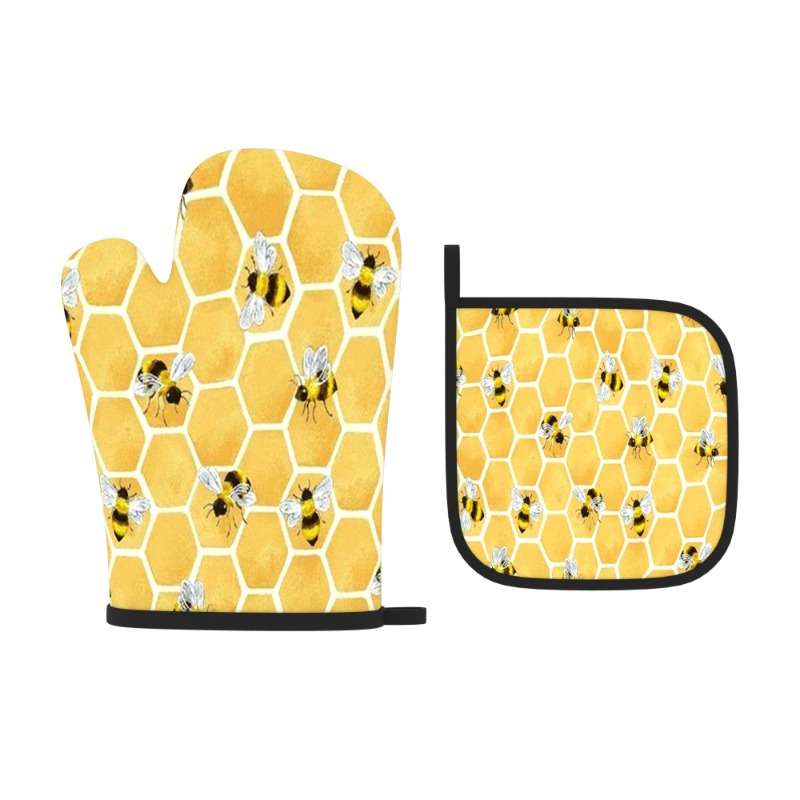 2pcs Heat-Resistant Oven Mitts Pot Holders Beehive Yellow with Black Tips 26.92x17.02 cm
