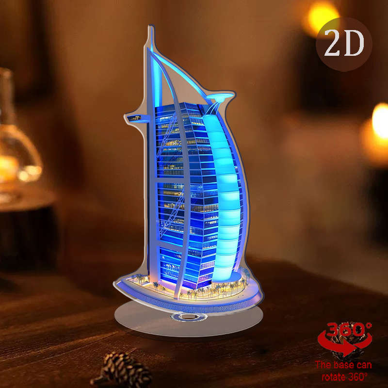 1pc 2D Flat    Acrylic Burj Al Arab Figurine with Rotating Base Modern Home Office Desktop