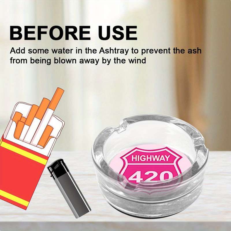 1pc Round Clear Glass Ashtray with Anti-Slip Base "Highway 10.67meter Pink Sign Design Modern De
