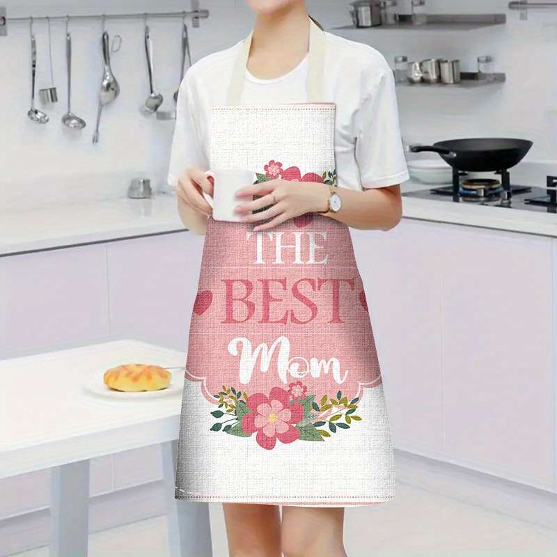 1pc Mother'S Day Apron Polyester Woven Adjustable Neck Floral "The Best Mom" Design Perfec