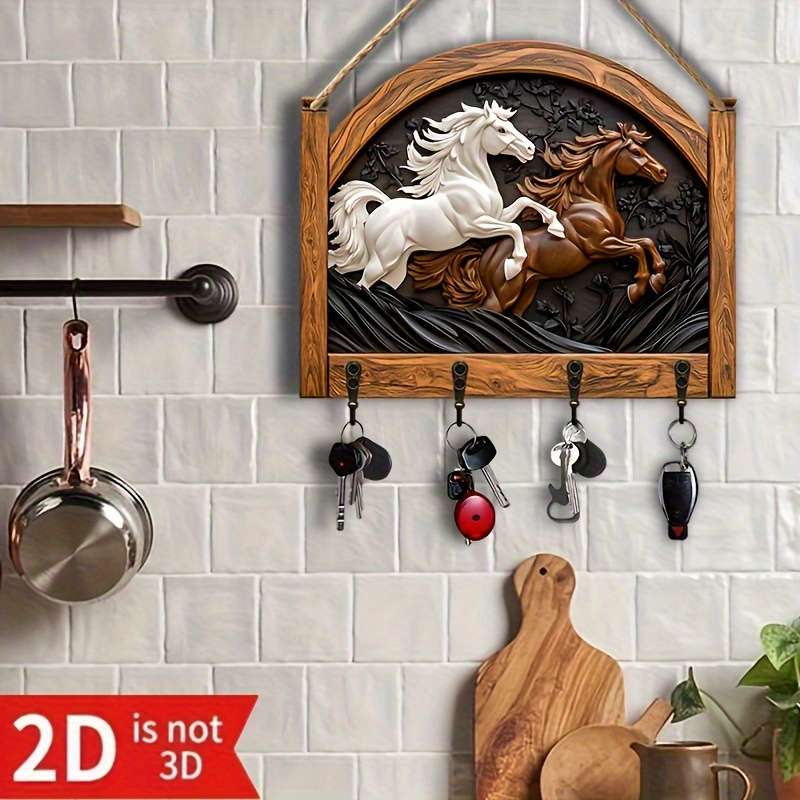 2D Flat 1pc Galloping Horse Simple Colorful Wooden Key Rack with Four Metal Hooks Wall Decoration