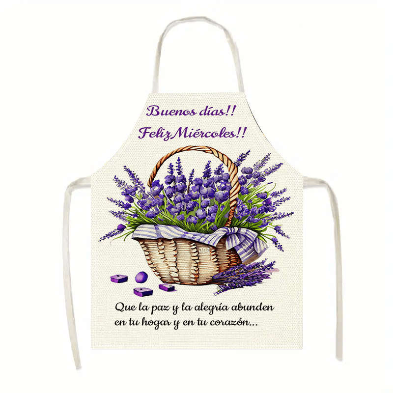 1pc Large Linen Lavender Basket "Feliz Mircados" Apron Durable Sleeveless Kitchen Wear wit