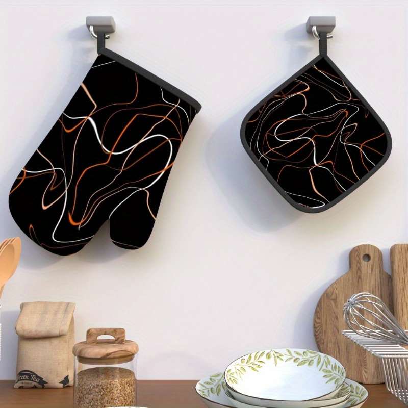 2pcs Oven Mitts 26.92x17.02 cm Heat Resistant Pot Holders with Stylish Black Orange Abstra