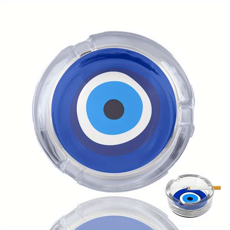 1pc Round Glass Ashtray with Blue White Black Eye Design Modern Artistic Desktop Decor for Office