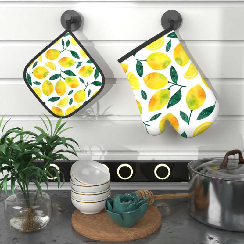 2pcs 10.6x6.7 Inch Oven Mitts And Pot Holders Featuring a Fun Lemon Design Heat-Resistant And
