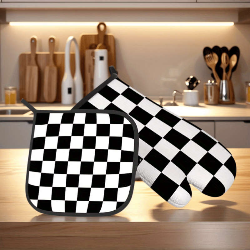 2pcs Checkered Linen Kitchen Mitts + Pot Holders 500C Heat Resistant Ideal for Microwave