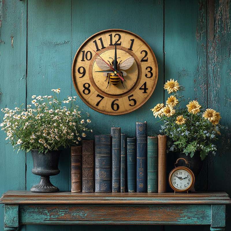 1pc Vintage Bee-Themed Wooden Round Wall Clock Silent Non-Ticking Farmhouse Decor for Kitchen Be