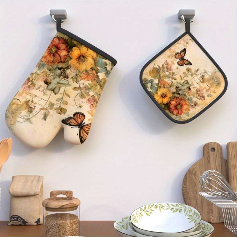 2pcs Vintage Floral Butterfly Heat-Resistant Oven Mitts 26.92x17.02 cm Polyester Kitchen Gl