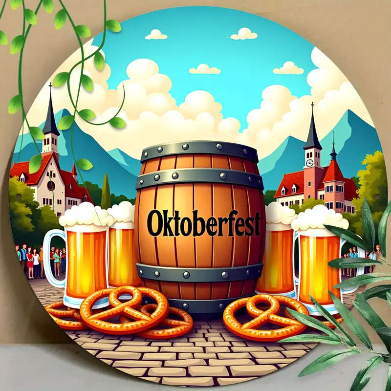 1pc 2D A Vintage Aluminum Sign Related to Oktoberfest Round Decorative Plaque Suitable for Home Offi