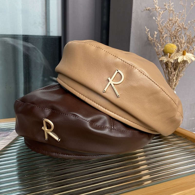 1pc Men'S Women'S Stylish Black White Letter R Beret Hat Lightweight Polyester Vintage-In