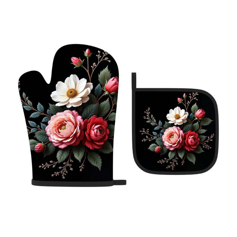 2pcs Floral Heat-Resistant Oven Mitts Potholders Spring Flowers Leaves Design 26.92x17.0