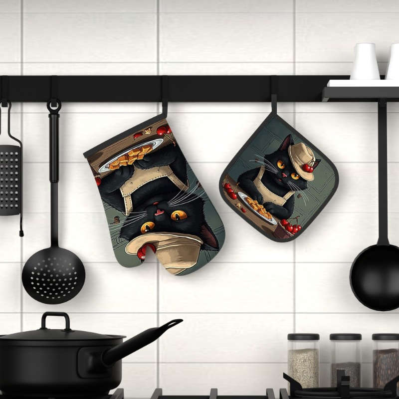 2pcs 26.92x17.02 cm Oven Mitts And Potholders Kitchen Style Black Cat Artistic Style Heat Resis