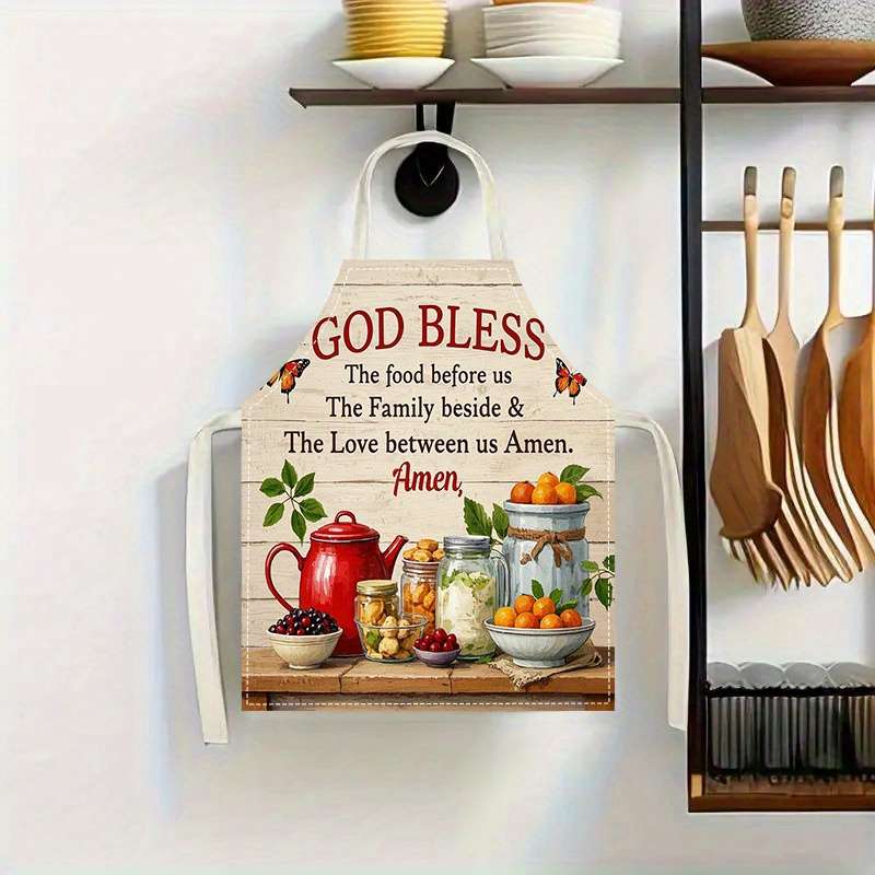1pc Linen Kitchen Apron with Vintage Food Print "God Bless Our Family" Design Easy-Clean Co