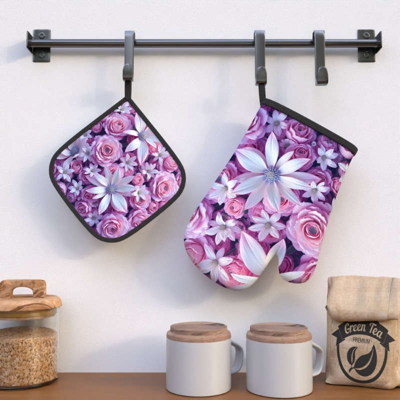 2pcs 26.92x17.02 cm Heat Resistant Oven Mitts and Potholders Beautiful Purple Flowers Oven Mitt