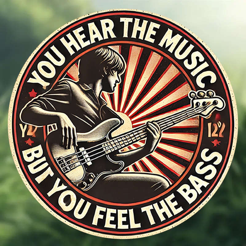 1pc Retro 8-Inch Round Metal Sign with Electric Bass Guitar Design 'You Hear the Music But You F