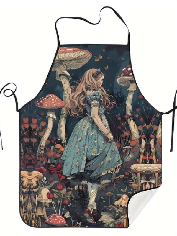 1pc Vintage Style Woven Polyester Apron 100% Polyester Fabric with Whimsical Mushroom and Floral