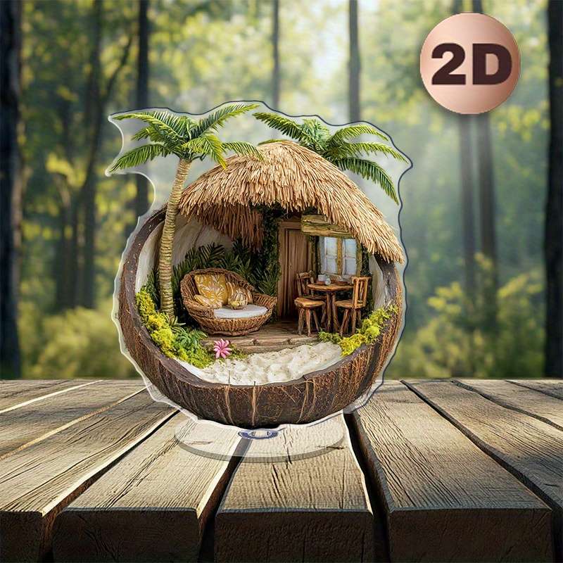 1pc 2D Flat  Tropical Hut in a Coconut Shell Acrylic Desk Decor with Stand  Design Featuring Pa