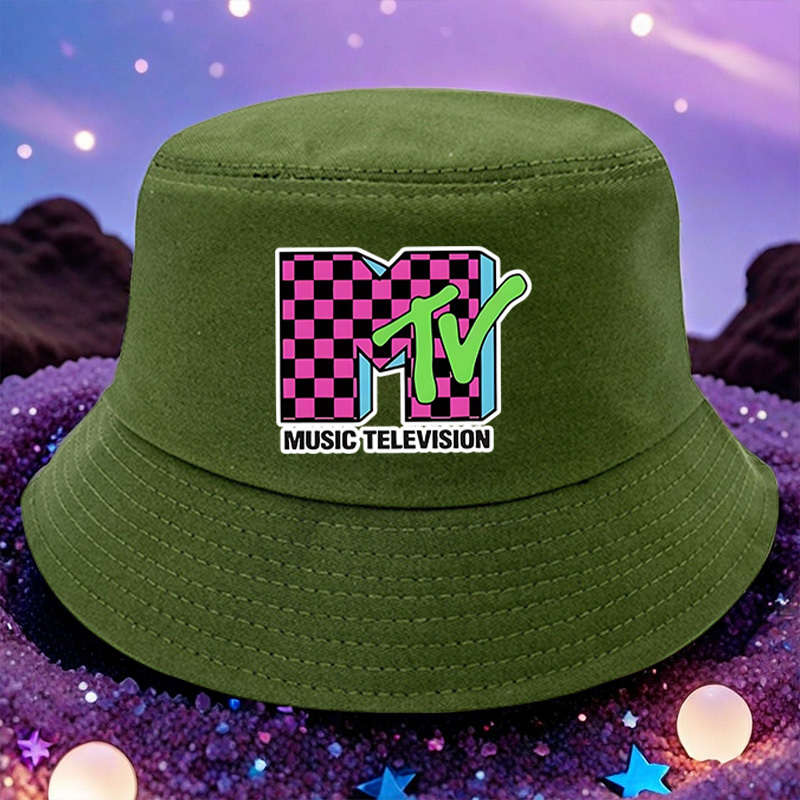 1pc MTV Logo Print Bucket Hat Vibrant Yellow Lightweight Polyester Machine Washable Ideal for