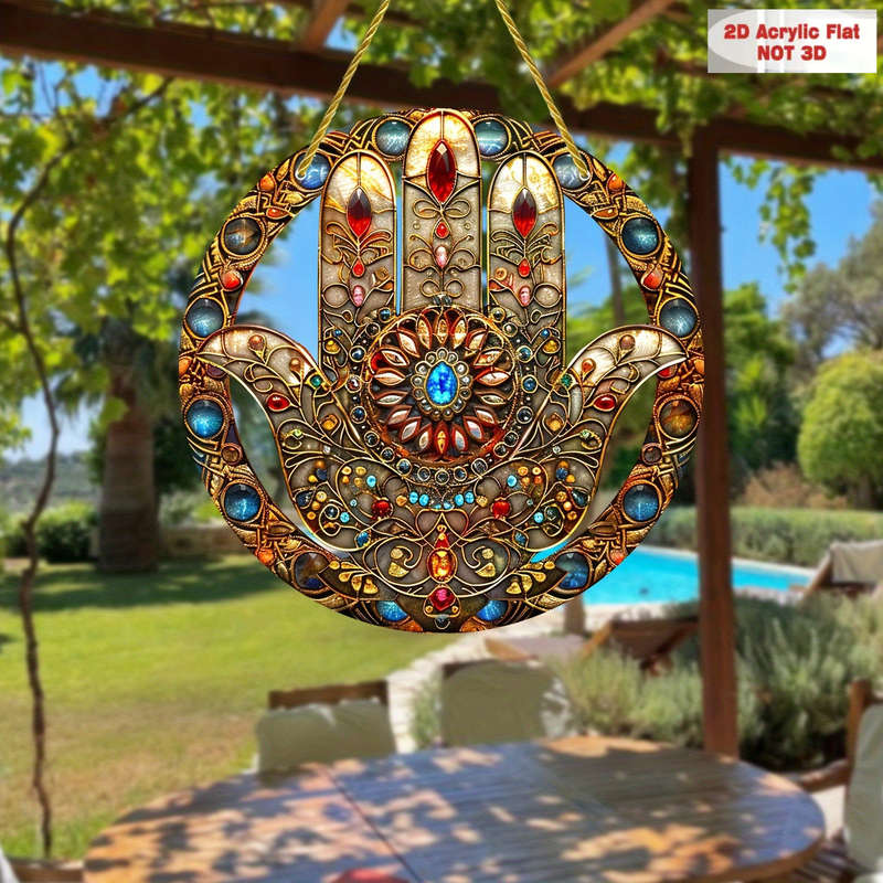 1pc 2D Flat  Bohemian Hamsa Hand Sun Catcher  Acrylic Window Hanging Decor with Colorful Staine