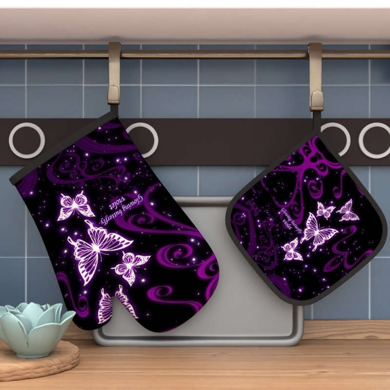 2pcs Purple Dream Butterfly Polyester Oven Mitts Heat Resistant Pot Holders Machine Washable