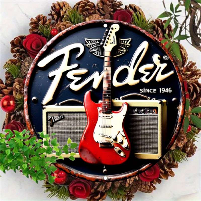 1pc  Vintage Fender Guitar Metal Tin Sign 20.32x20.32 cm Round Aluminum Wall Art Retro Music T